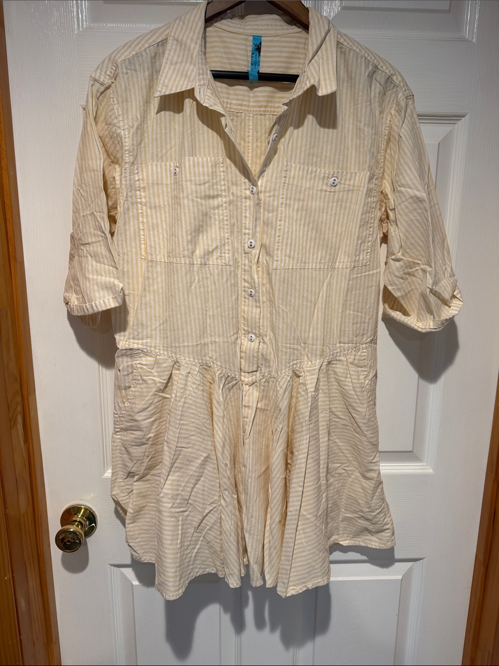 Free People- Light Yellow Striped Button-Front Women’s Tunic Top/mini-dress